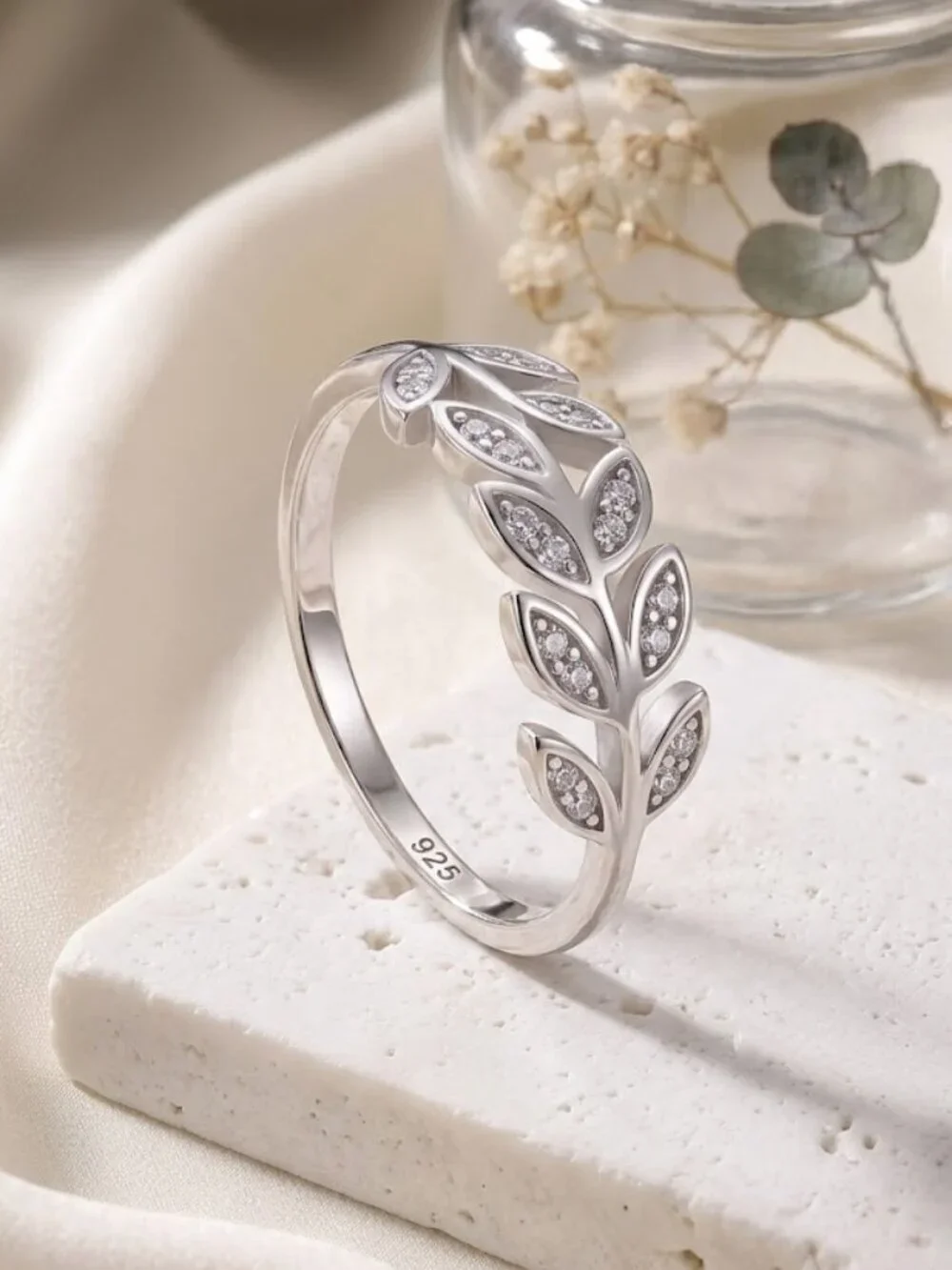 925 Sterling Silver Cubic Zirconia Leaf Vine Botanical Ring Cottagecore Size 8